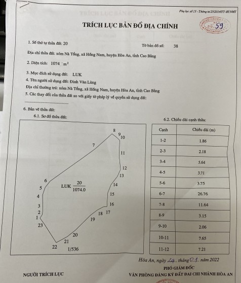 Giá trị quyền sử dụng Đất trồng lúa nước, vùng 2, tại Thửa đất số 106, tờ bản đồ số 45, GCNQSDĐ số AM 420732 do UBND huyện Hòa An cấp